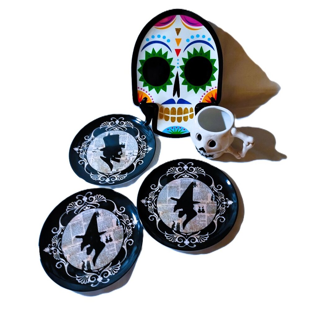 5 pcs HALLOWEEN Silhouette Plates Platter and Skeleton Face Mug 12 oz